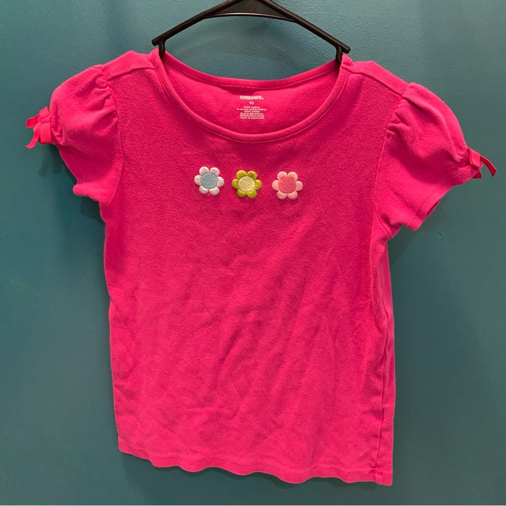 Gymboree Tee Sz 10 Pink with embroidered flowers gathered sleeve